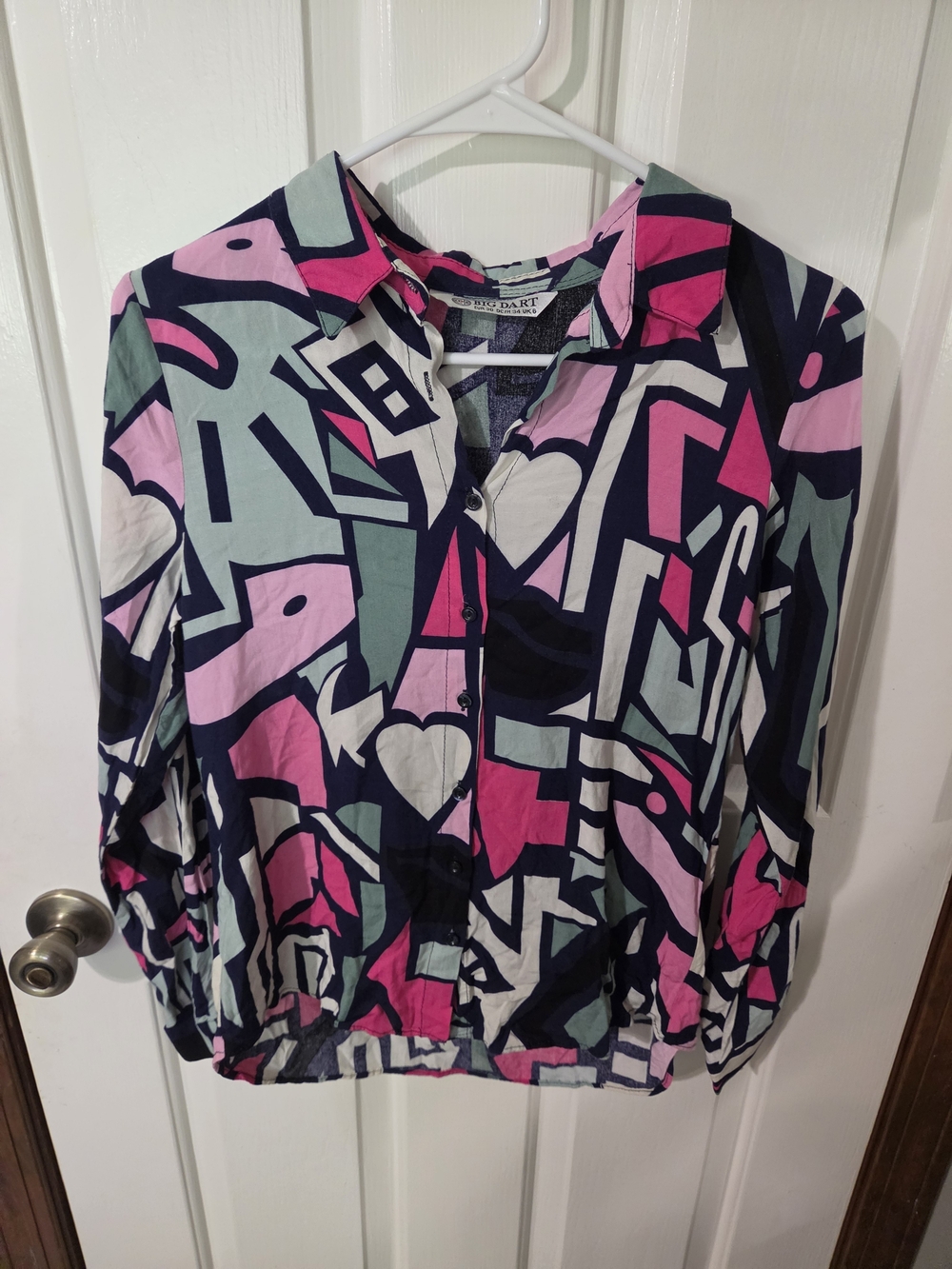 Worthington Geometric Print Button-Down Shirt in Pink & Navy